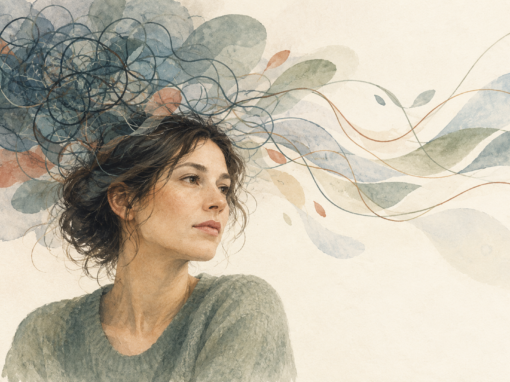 understanding anxiety disorders Watercolor illustration of a thoughtful woman with tangled lines opening into flowing curves with different types of anxiety disorder.