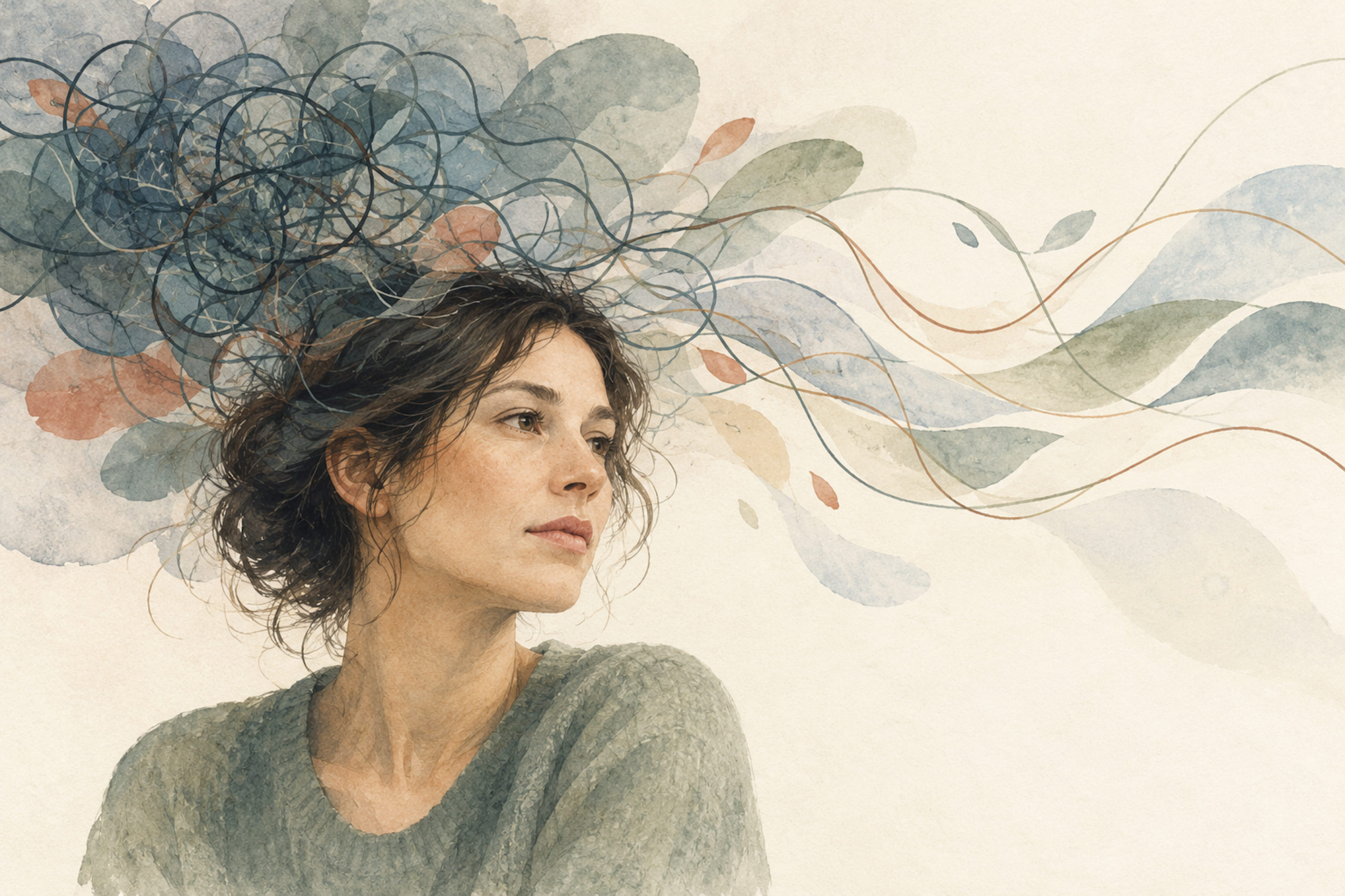 Watercolor illustration of a thoughtful woman with tangled lines opening into flowing curves with different types of anxiety disorder.